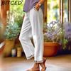 Women Summer White Cotton Linen Pocket Trousers Vintage Casual Elastic Waist Straight Pants
