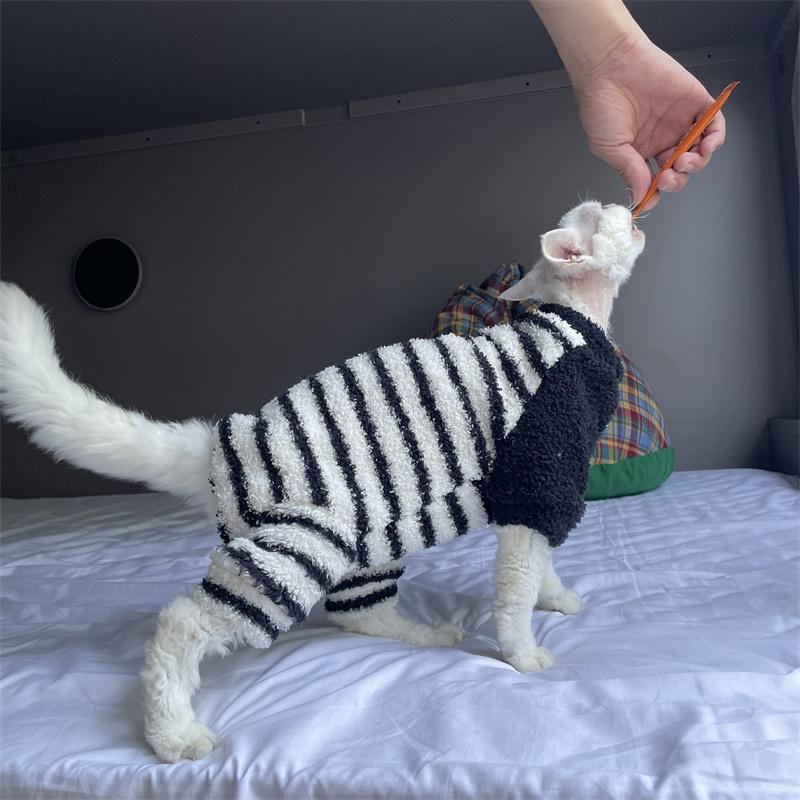 Warm Soft Coffee Fleece Jumpsuit for Sphinx Cat in Winter Four-Leg Thick Purple Strips Coat for Devon Rex Sweatshirt for Kittens