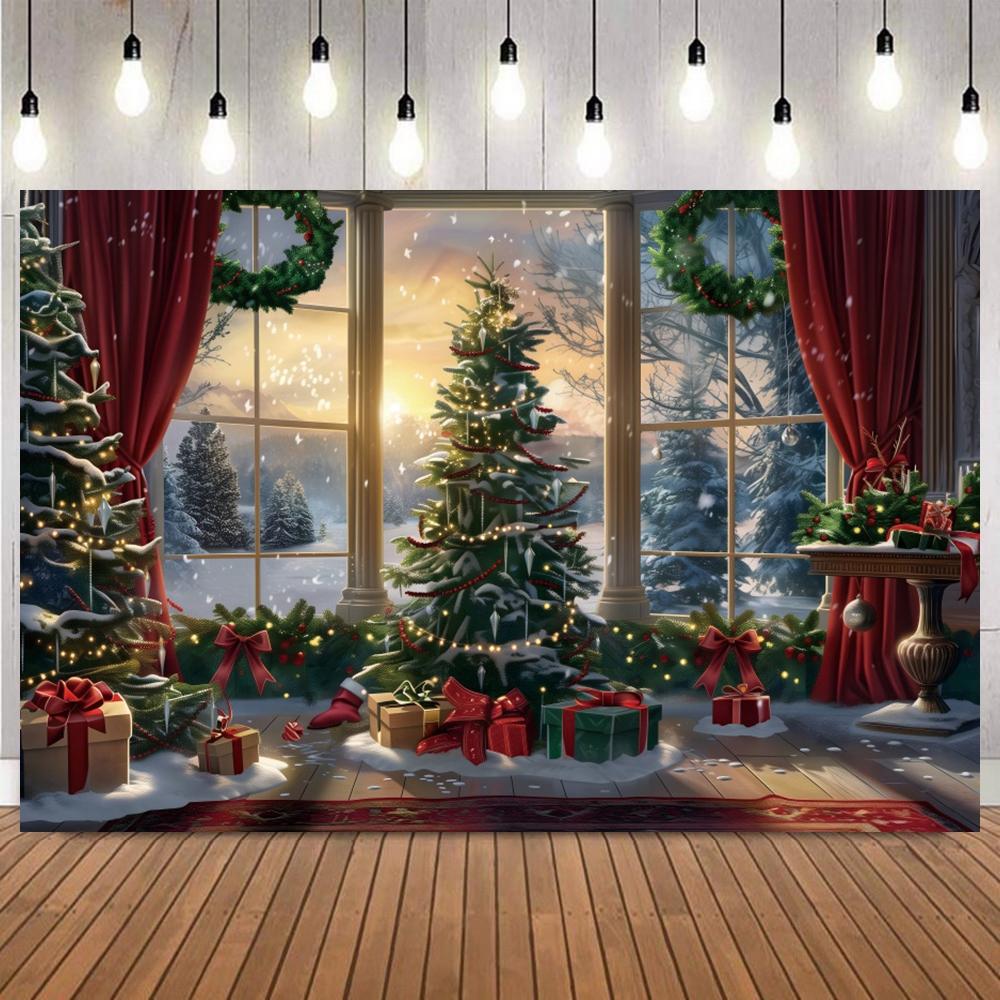 Winter Snow Scenery Outside The Window Photo Backdrop Xmas Tree Wreath Sunshine Forest Gifts Christmas Party Banner Supplies