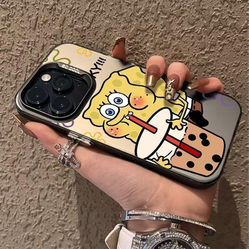 Молочный чай Губка Боб Квадратные Штаны подходит для Apple 16PROMAX/iPhone15/iPhone14 парный цветной серебристый чехол для мобильного телефона