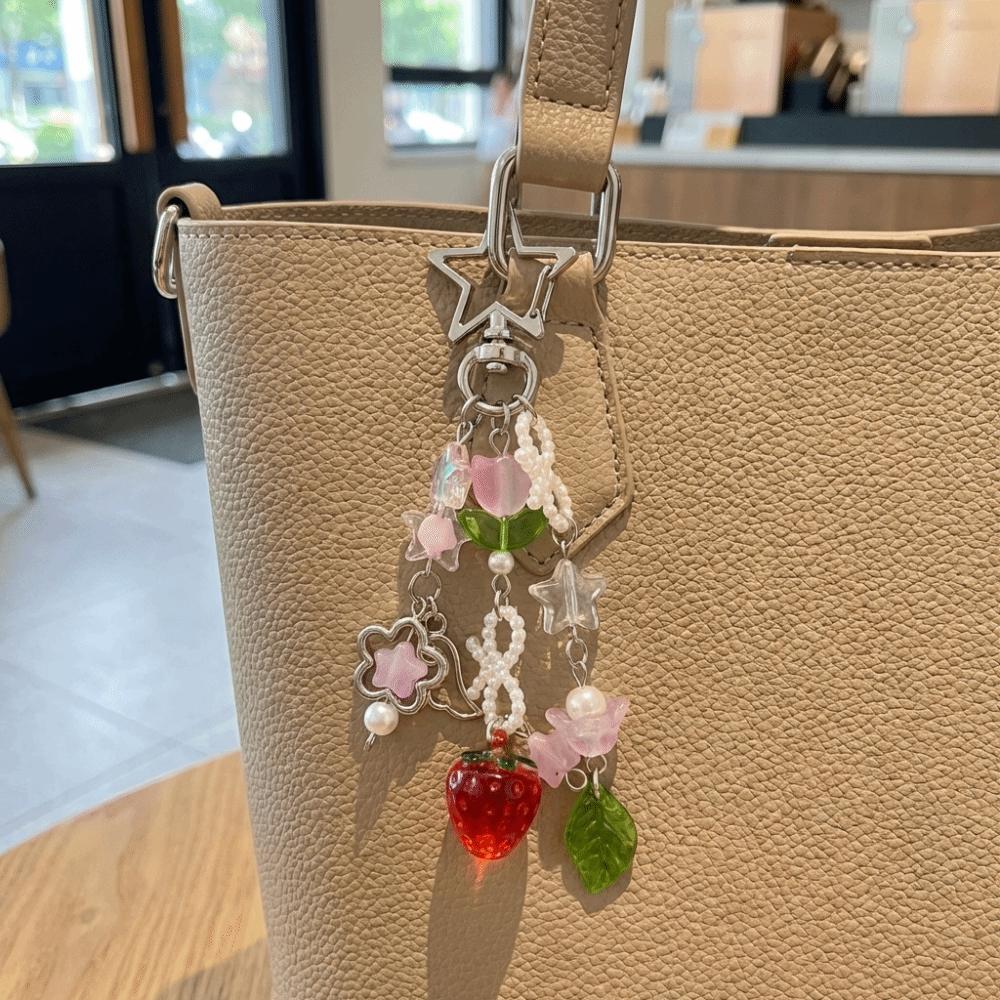 Strawberry Design Beaded Phone Chain Cute Flower Key Pendant Accessories Bag Charm Fairytale Theme