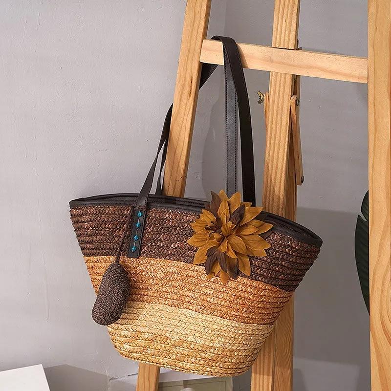 Knitted Straw Bag Summer Flower Bohemia Fashion Women's Handbags Color Stripes Shoulder Bags Beach ARI