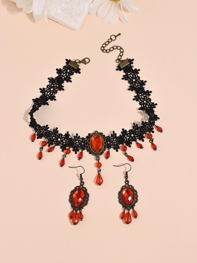 1 комплект серег-подвесок с кисточками из страз в темном готическом стиле и ожерелье, винтажные богемные кружевные серьги-подвески на цепочке