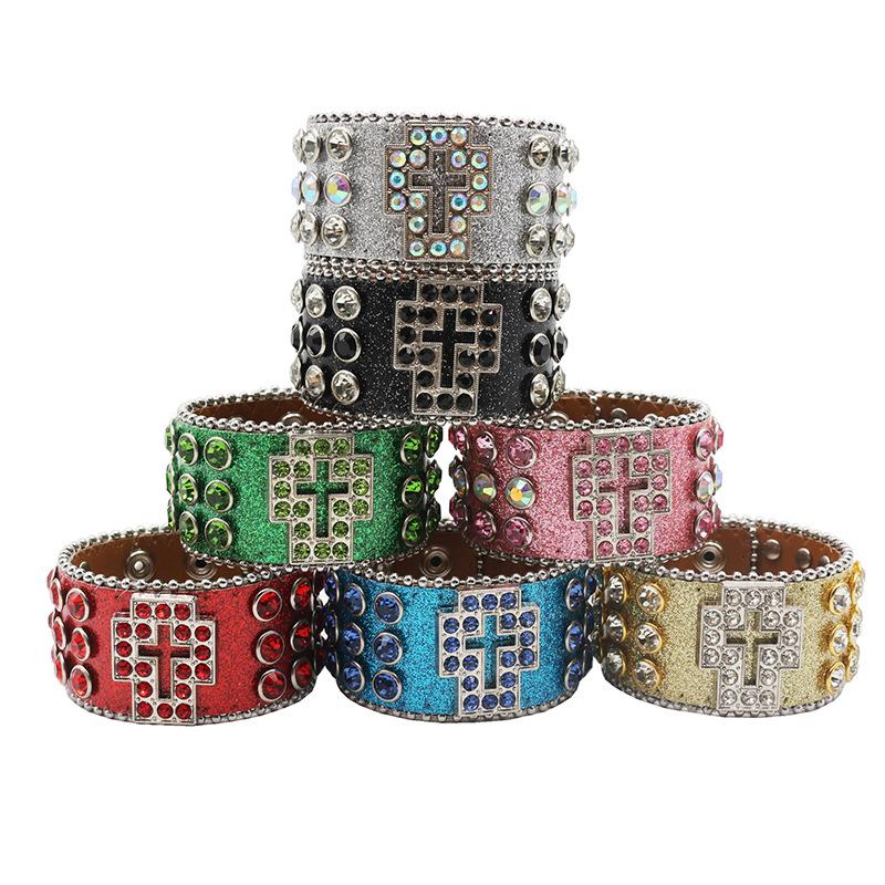 Европейские и американские модные браслеты с крестообразными вставками из бриллиантов и стразов, персонализированные браслеты из ПУ кожи