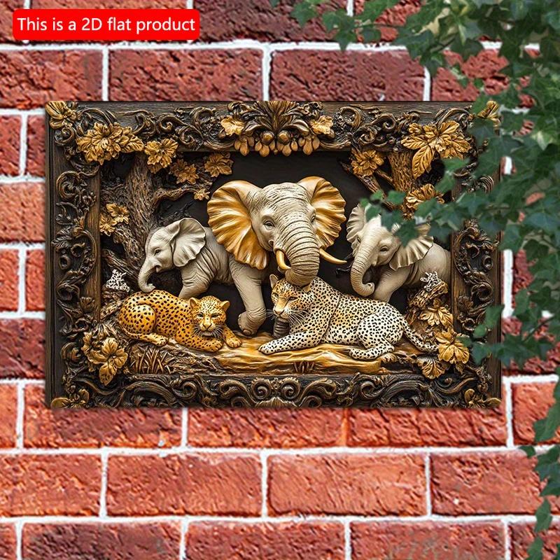 2D плоский деревянный знак 30*20 см винтажный слон и леопард джунгли сцена деревянная настенная живопись, декоративный знак для дома, офиса или наружного декора, идеальная комната