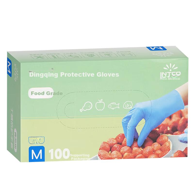 INTCO Disposable Gloves, Nitrile Gloves, 100 Pieces, Large Size, Protective, Durable, Food-Grade, Blue Rubber Gloves