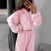 Womens 2-Piece Tracksuit Solid Color Long Sleeve Zip Hoodie Elastic Waist Wide Leg Pants Streetwear