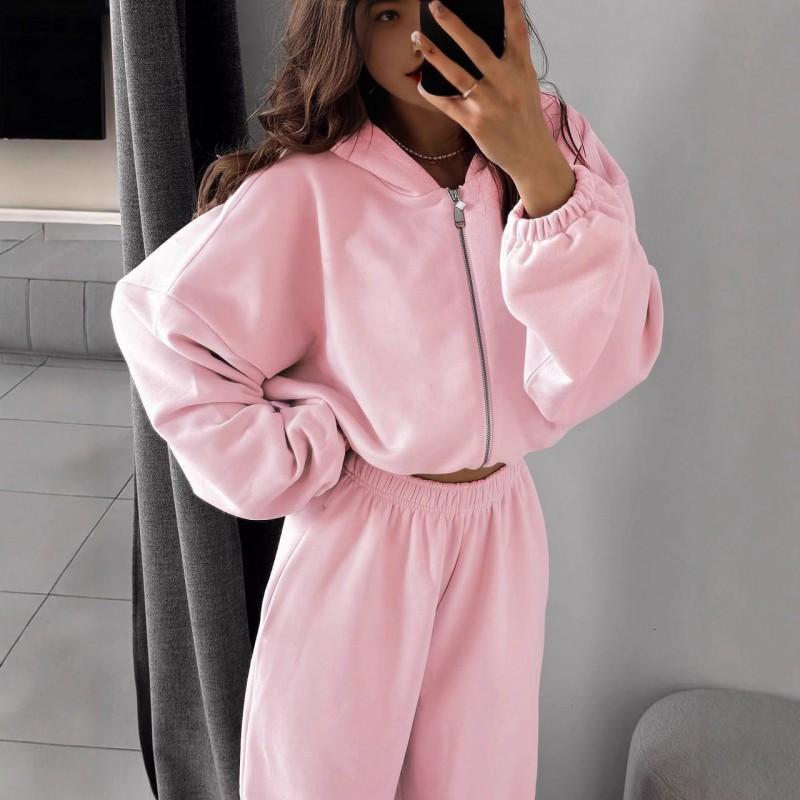 Womens 2-Piece Tracksuit Solid Color Long Sleeve Zip Hoodie Elastic Waist Wide Leg Pants Streetwear