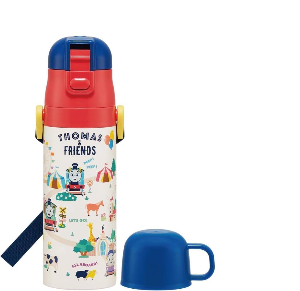 Skater Kids' 2-Way Water Bottle - Direct Drink (470ml) / Cup Drink (430ml) - Thomas the Tank Engine Design - Stainless Steel - Insulated - Lightweight