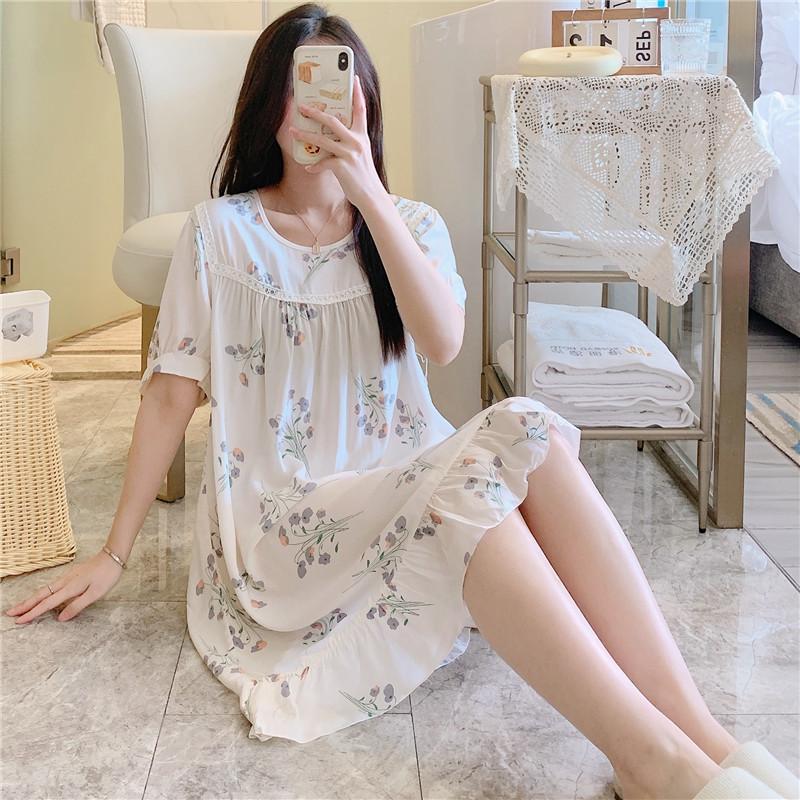 1011 new pajamas women's cotton and silk round neck loungewear thin fashion home artificial cotton and silk nightgown can be worn outside