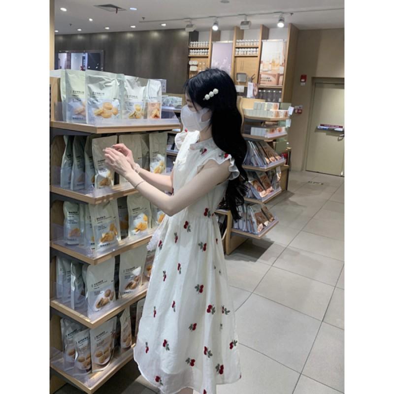 New Chinese-style Cherry Printed Dress Small Flying Sleeves Gentle Style Sweet Temperament Absolute Milk Fufu First Love Long