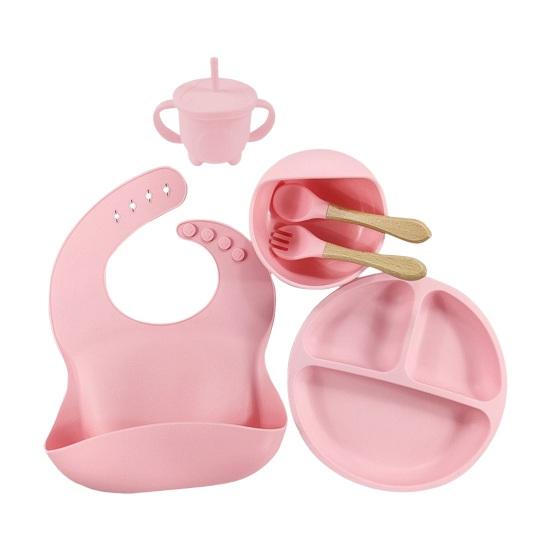Набор детской посуды с силиконовой присоской, обеденная тарелка, миска, нагрудник, вилка, ложка, чашка-непроливайка, пищевая посудомоечная машина