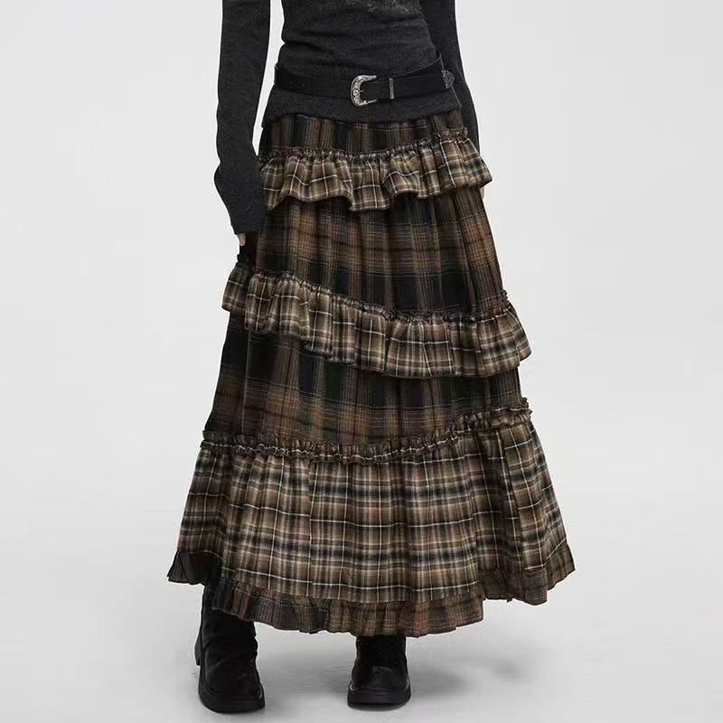 Коричневая клетчатая юбка миди Meilade - Осенний сезон, Длинная