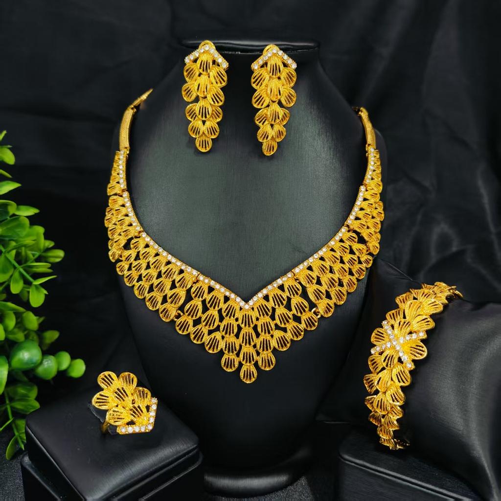 Позолоченный вьетнамский свадебный комплект: колье, серьги, кольцо, браслет. Атмосферные свадебные украшения