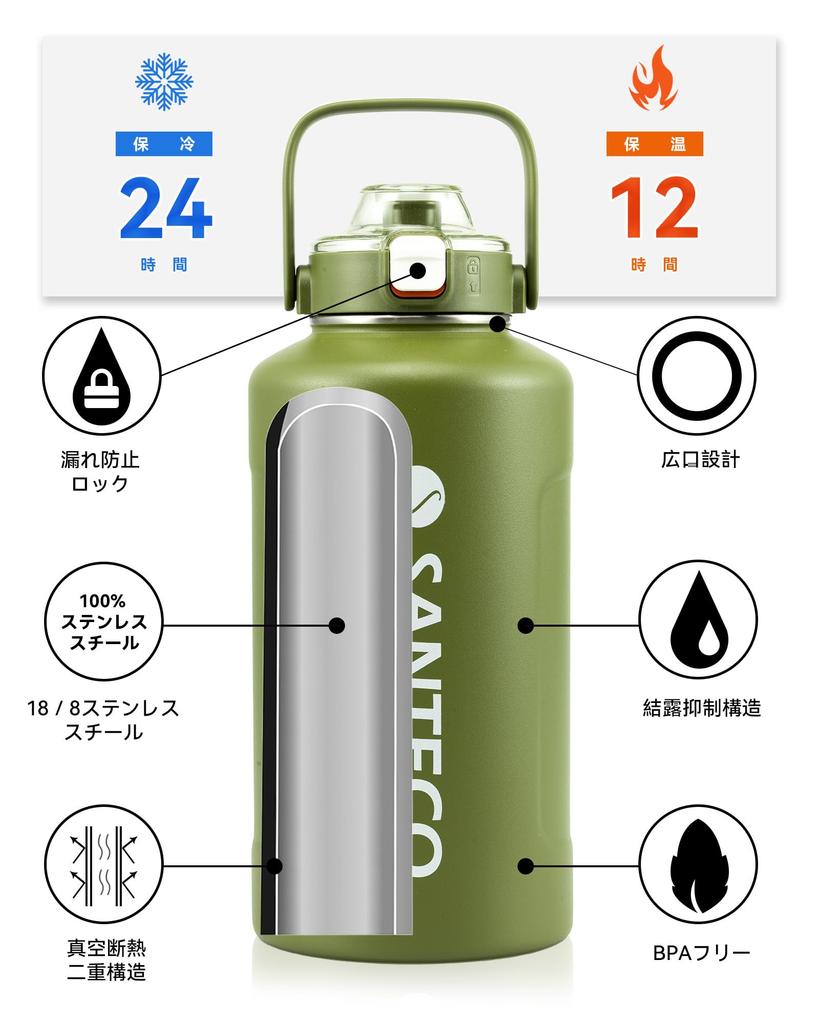 SANTECO Vacuum Insulated Water Large Keeps Cold or Includes Compatible with Direct Drinking Sports Stylish Wide Stainless ERIE Green Bottle, Capacity,