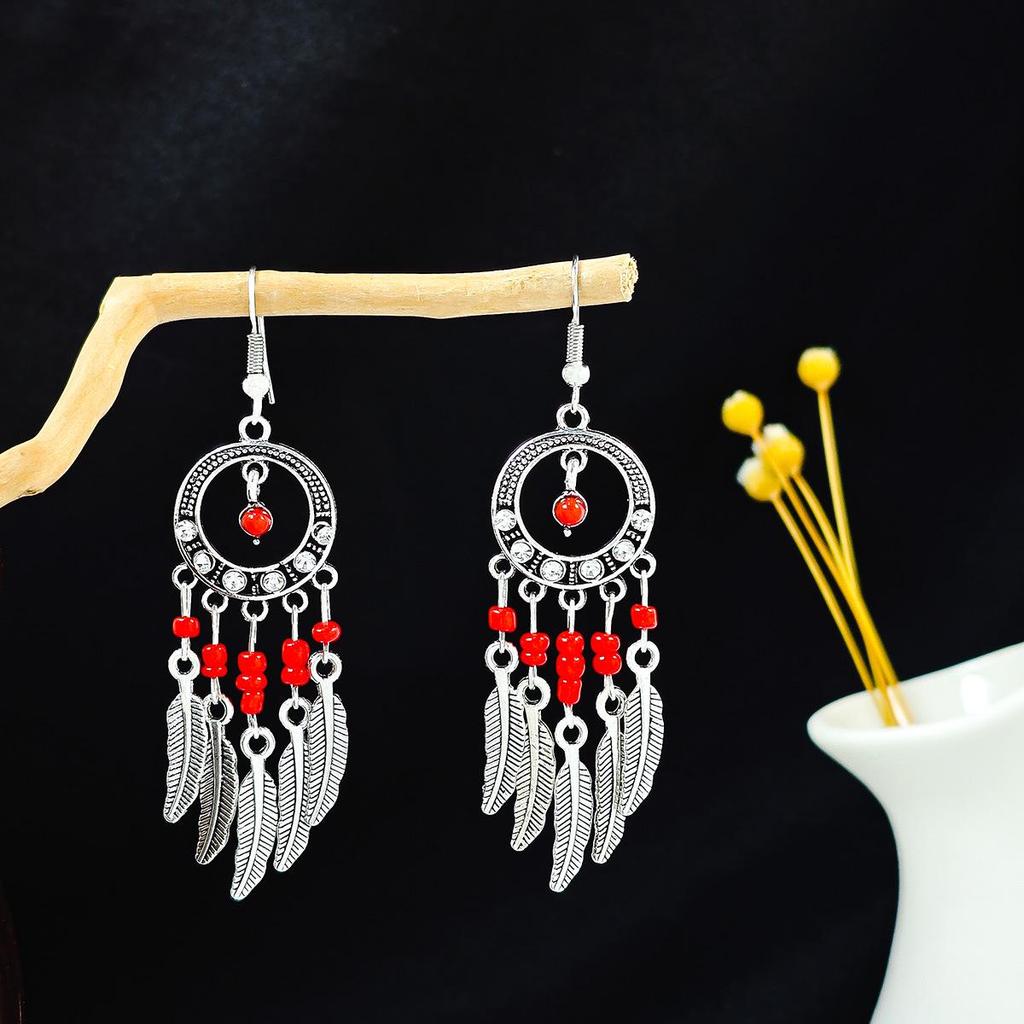 European and American Retro Hollow Turquoise Tassel Bohemian Earrings for Women
