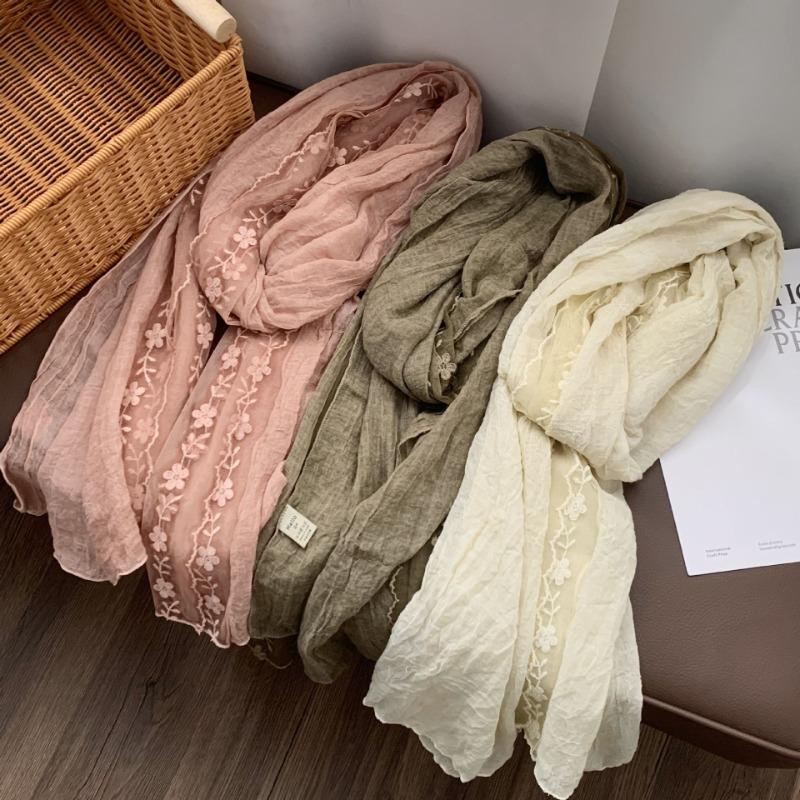Cotton and Linen Scarf Atmosphere Lace Embroidered Scarf Silk Scarf Fashion Versatile Literary Scarf Small Shawl