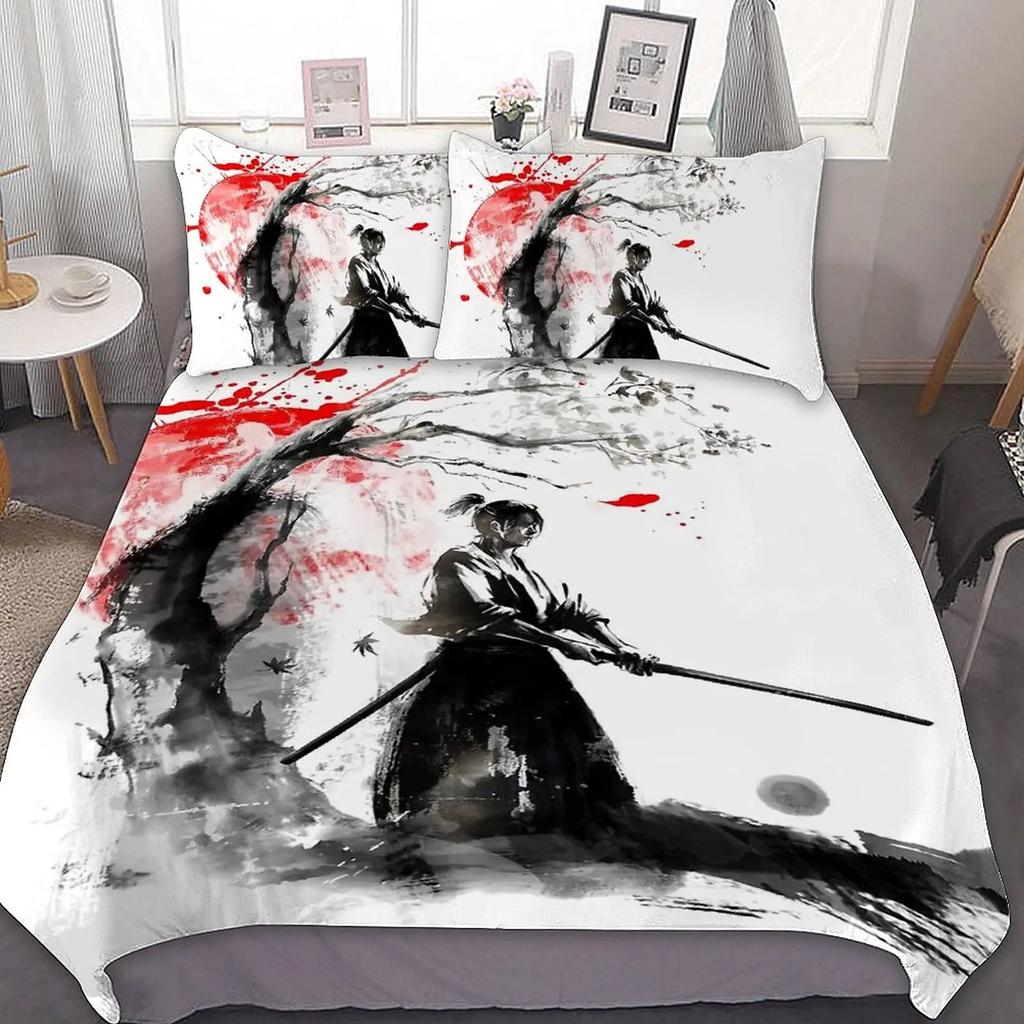 Samurai Duvet Cover Set Sunset Japanese Samurai Quilt Cover Scenery Silhouette Comforter Cover King Size 23pcs Twin Bedding Set