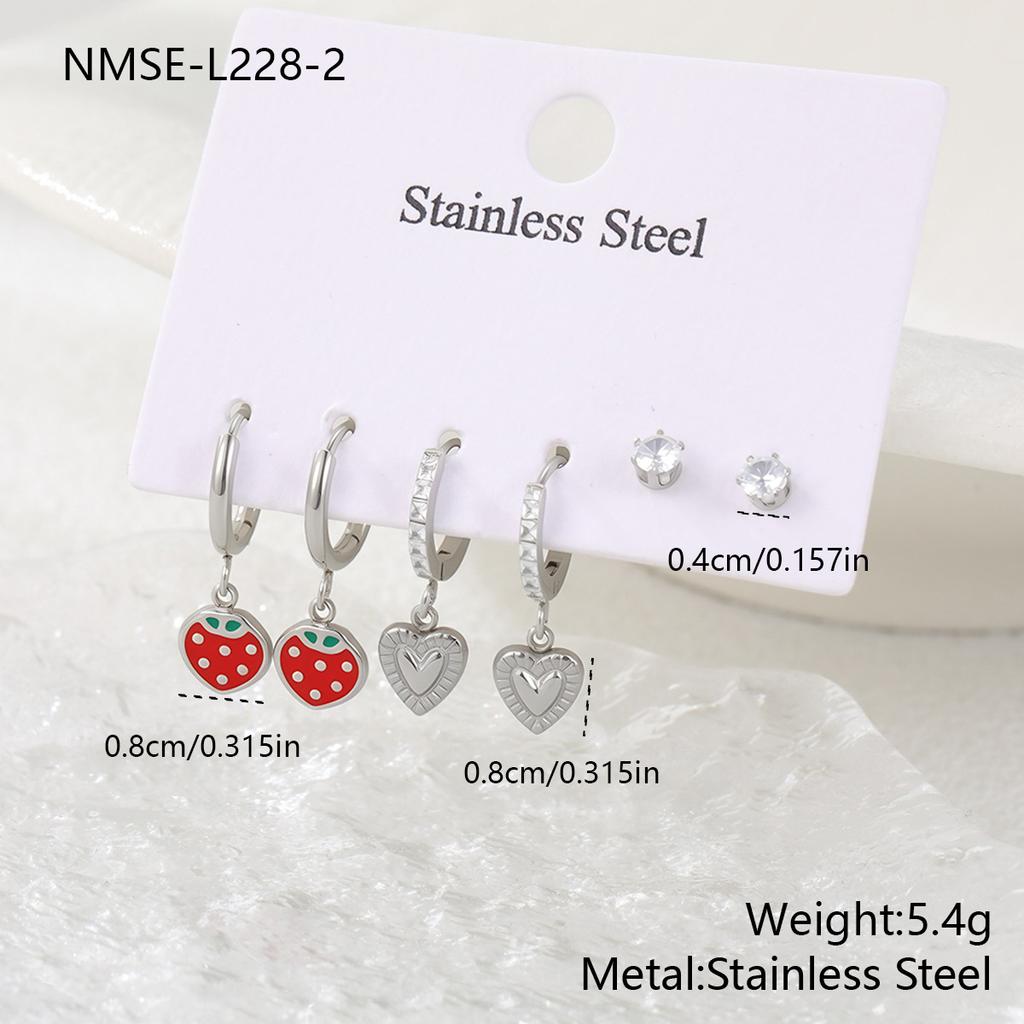 GEMCHIC Women's Stainless Steel Heart & Strawberry Drop Earrings with Zircon Studs for Daily Wear