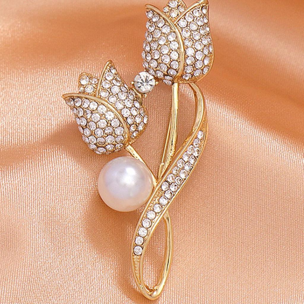 Accessories Tulip Pearl Ladies Brooch High-End Suit Coat Pin Diamond Alloy Corsage Women