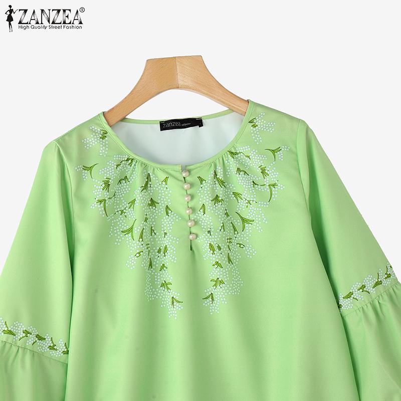 Neck Round Casual Women Zanzea Long Sleeve Loose Print Blouse