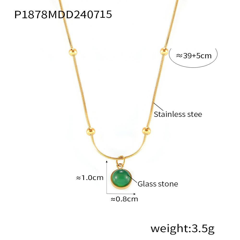 French Minimalist Green Stone Pendant Necklace - Detachable Layered 18k Gold-Plated Stainless Steel Clavicle Chain