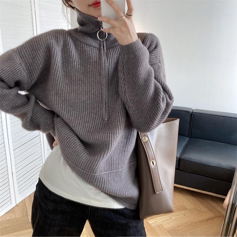 Hirsionsan Zipper Turn-down Collar Autumn Sweaters Women Cashmere Soft Loose Solid Female Knited Pullovers 2021new Thick Jumper