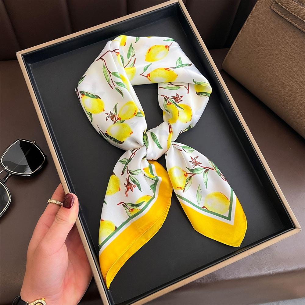 Elegant Yellow Neck Scarf Lemon Print Shawl Breathable Square Silk Scarf for Women