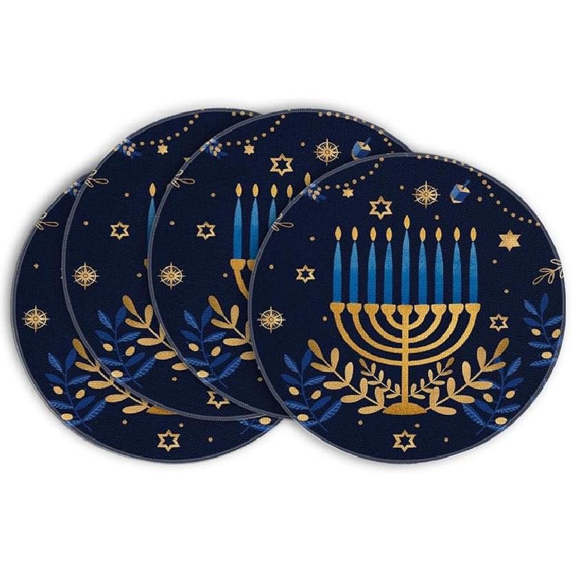 Artoid Mode Menorah Star Olives Hanukkah Placemats Set of 4, 12x18 Inch Chanukah Holiday Table Mats for Party Kitchen Dining Decoration