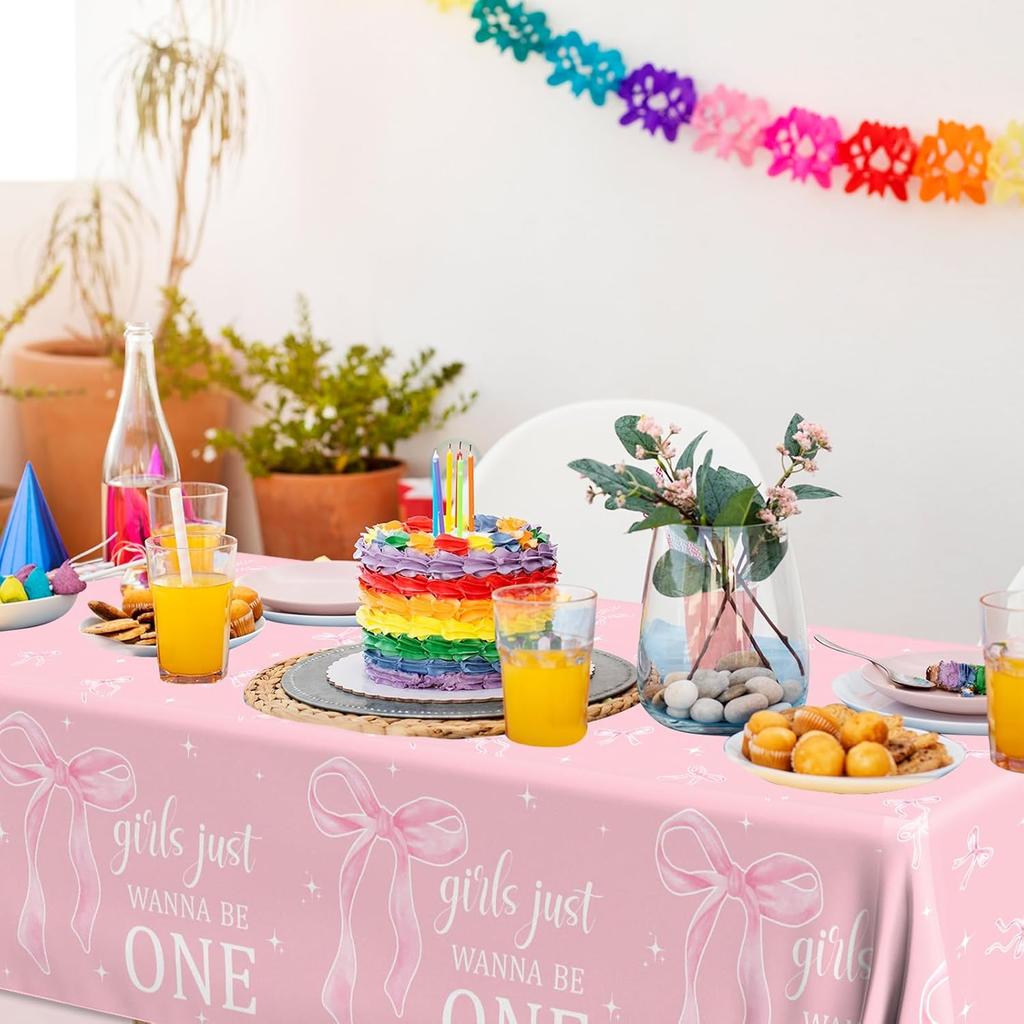 Pink Bow 1st Birthday Party Decorations 2Pcs Coquette Birthday Decorations Tablecloths Girls Just Wanna Be One Table Cloth Bow Theme Disposable