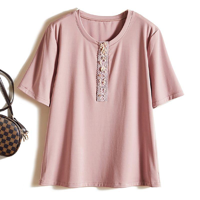Breathable and Sweat-Free! Women's Summer DIY Beaded Round Neck Short-Sleeved Woven Cotton Pure Color Series T-shirt Welfare Fans Tops
