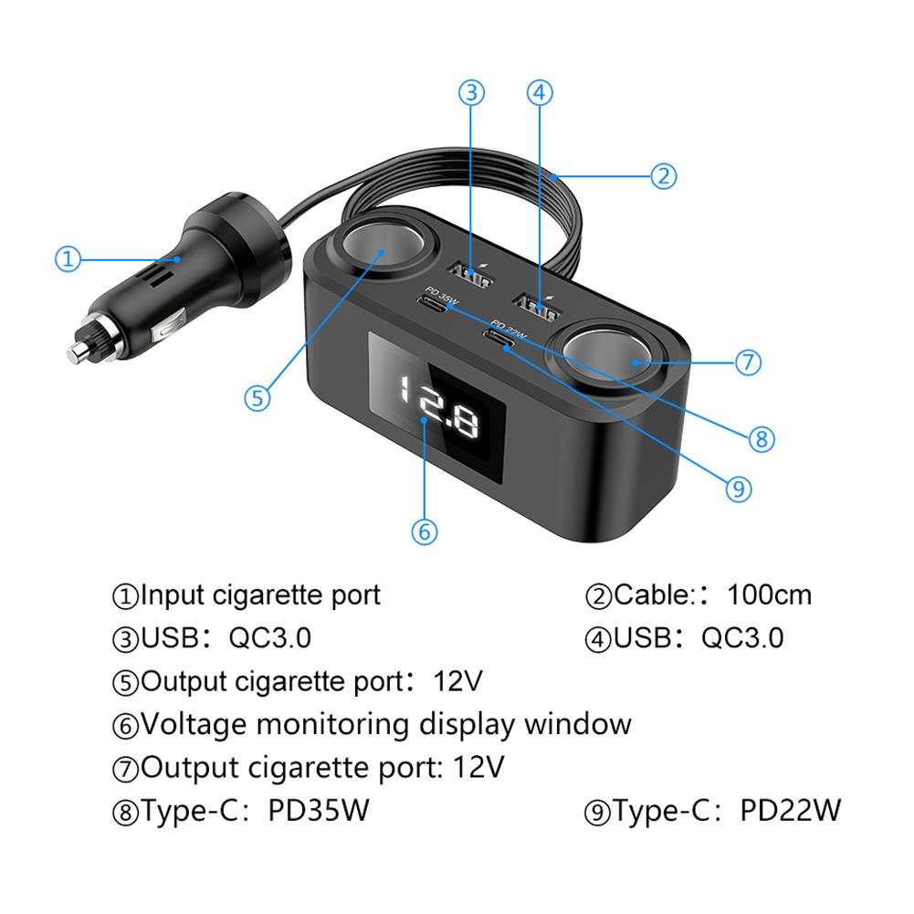 100W PD QUICK CHARGE QC3.0 Cigarette Lighter Adapter 12V/24V 2 Socket Power Splitter DC Outlet with 12A 4 USB Ports Car Charger