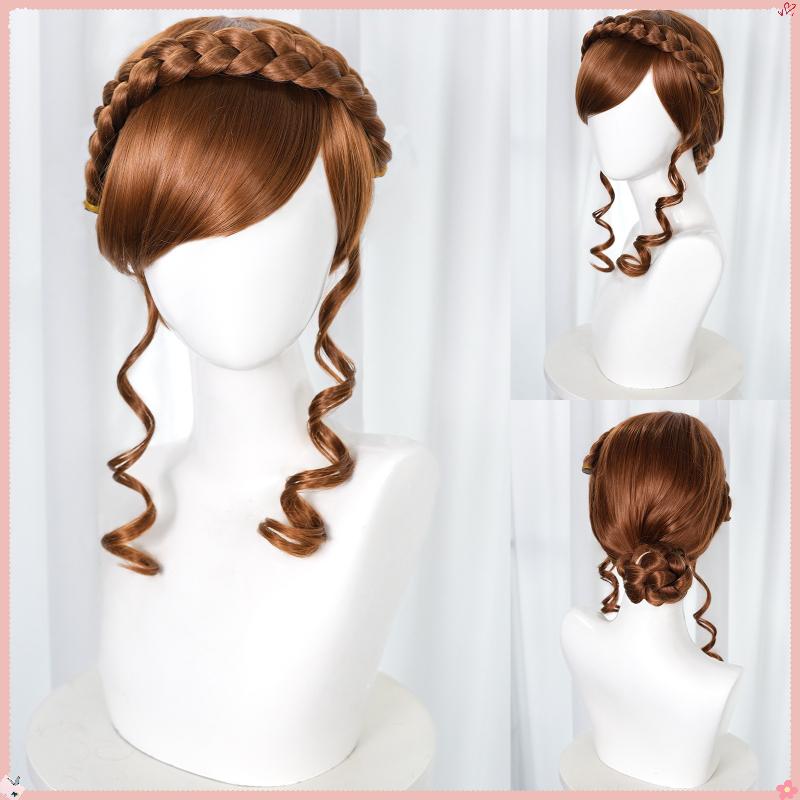 New Frozen Anna Cosplay Wig Brown Braided Updo with Curly Side Locks New Style Princess Anna Hair for Cosplay Party Halloween
