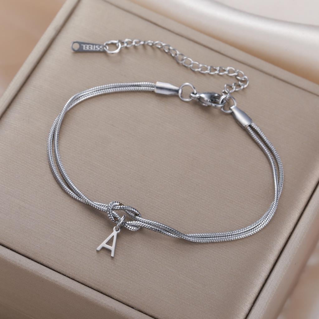 Cazador Love Knot A-Z Initial Letter Snake Chain Bracelet Stainless Steel Jewelry Bracelet for Women Couple Mother's Day Gift