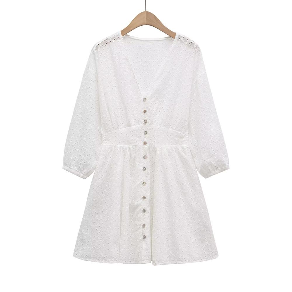 Spring/Summer 2025 Women's Embroidered V-Neck Elastic Waist Slimming Long-Sleeve Short Dress