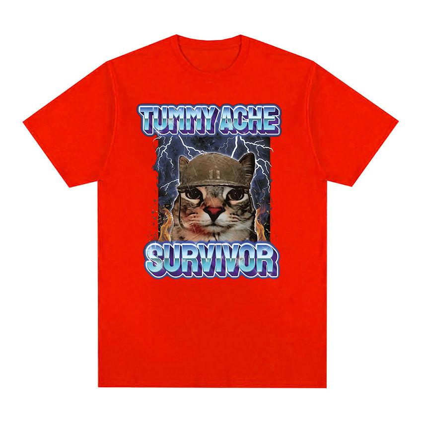 Винтажная футболка «Я пережил боль в животе», забавный мем с котом, мужская и женская одежда, модная футболка с коротким рукавом, повседневные футболки из чистого хлопка