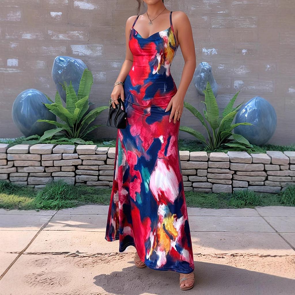 Весенне-летнее женское горячее платье для девушек с открытой спиной и сексуальным принтом на бретелях через шею