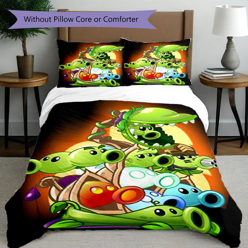 3pcs Duvet Cover Set (1*Duvet Cover + 2*Pillowcase, Without Core), Plants vs. Zombies Print Bedding Set, Bedroom Decor, All‑Season, Birthday Gift