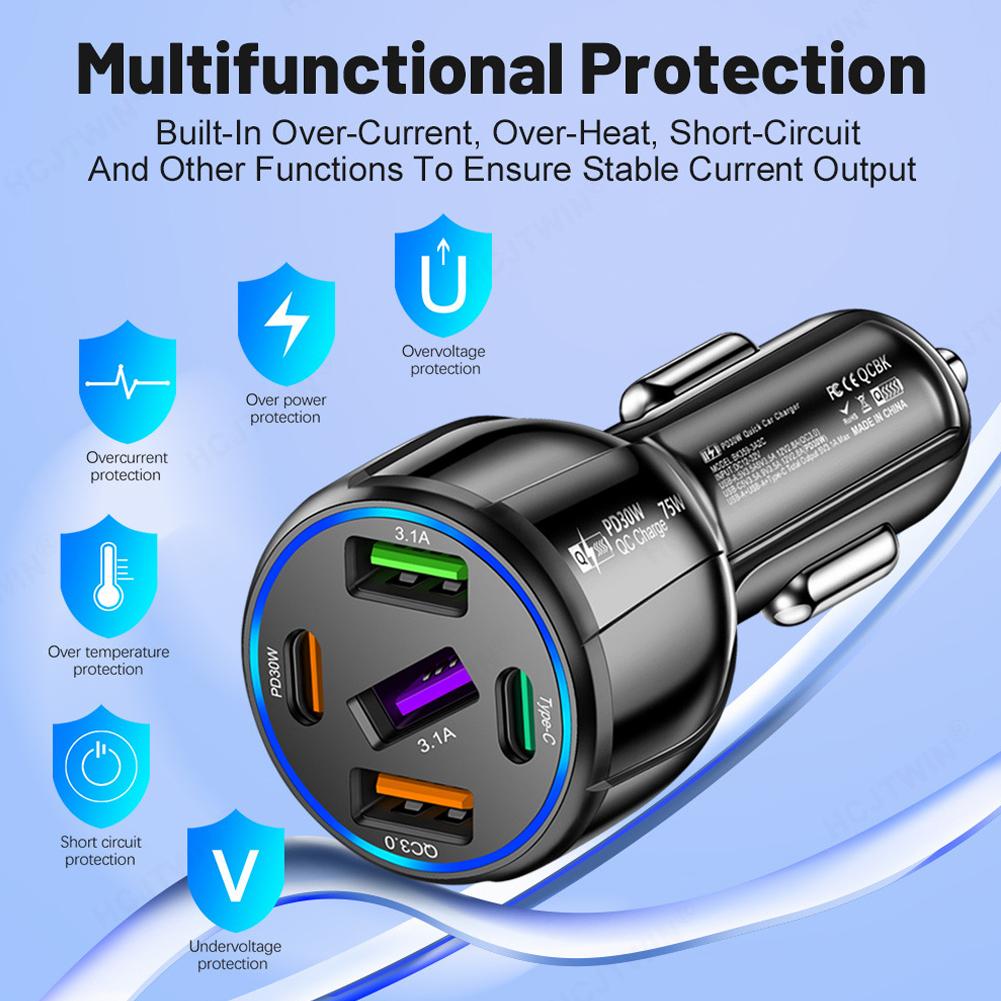Автомобильное зарядное устройство 5 портов USB Type C 75 Вт PD Зарядное устройство для телефона Quick Charge 3.0 Адаптер питания для быстрой зарядки для iPhone Samsung H U6Q0