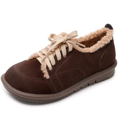 GKTINOO Лоферы Зимние Женские Кожа Коровьей Замши Круглый Носок На Шнуровке Теплые Удобные Мягкая Подошва Женские Плоские Меховые Туфли Большой размер 43