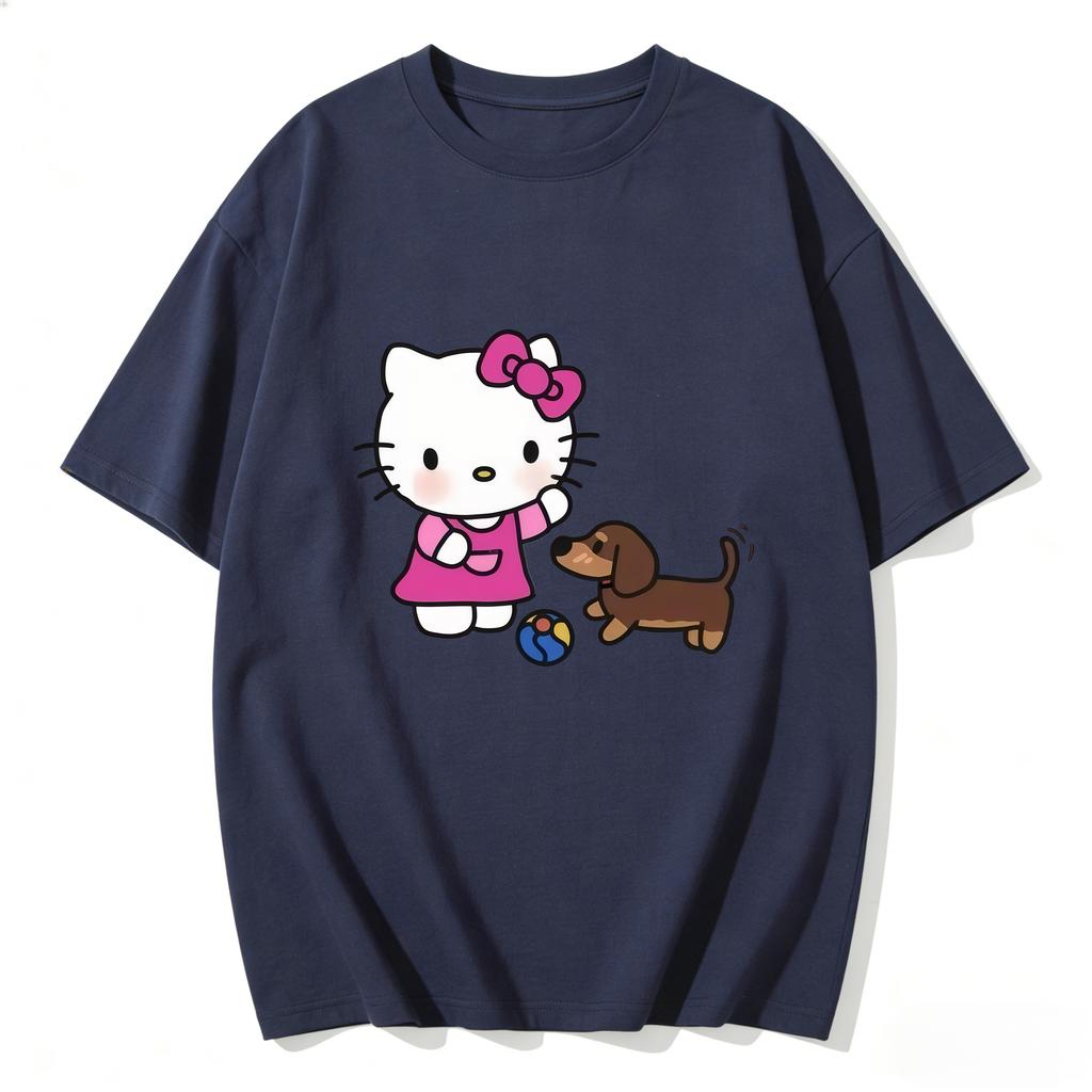 2026 Футболка Hello Kitty из мягкого хлопка с коротким рукавом и круглым вырезом, милый принт, легкий летний топ для женщин, повседневная одежда