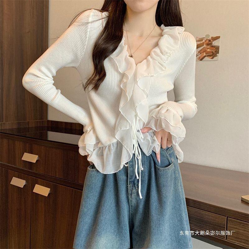 Womens V-Neck Short Cropped Knit Top With Ruffle Detail Soft Viscose Blend Sweater Winter