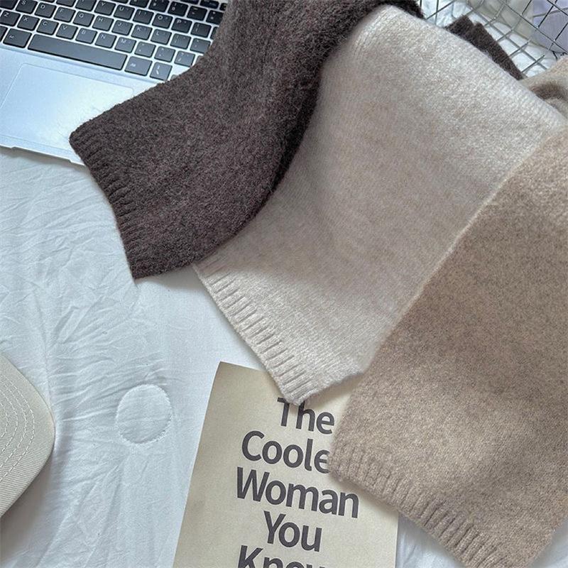 Korean Knitting Scarf Solid Color Thickened Warm Women Scarf Cold Weather Thermal Neck Wrap Casual Outfit Scarf