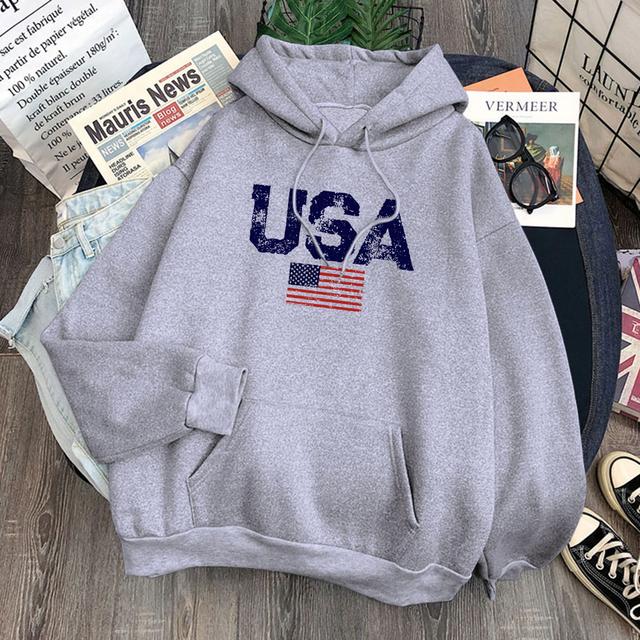 Usa Letters American Flag Stars And Stripes Mens Clothing Loose Crewneck Hoodie Autumn Pullover Hoodies Casual Pocket Sweatshirt