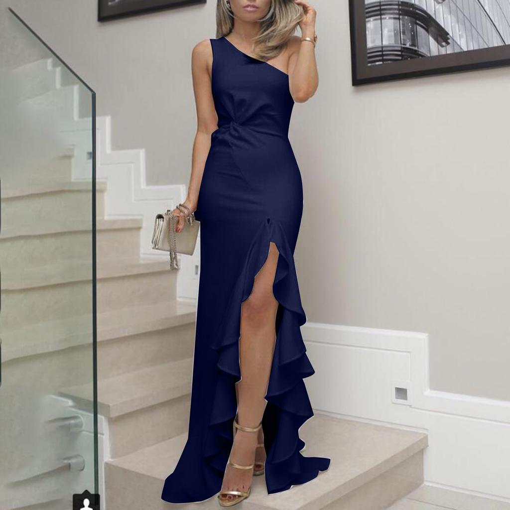 Женская европейская и американская мода, сексуальное тонкое однотонное платье с талией и изломами, нерегулярная юбка с рюшами, платье без рукавов с наклонными плечами