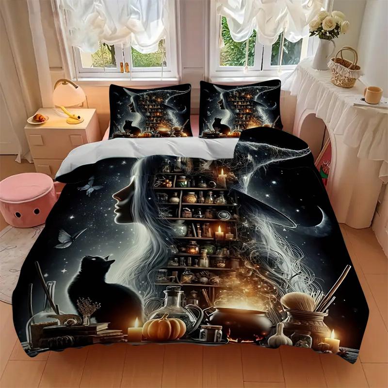 3pcs Witch's Cauldron Quilt Set Cartoon Themed Bed Quilt Set Lovely Character Bedroom Decor Bed Quilt Set