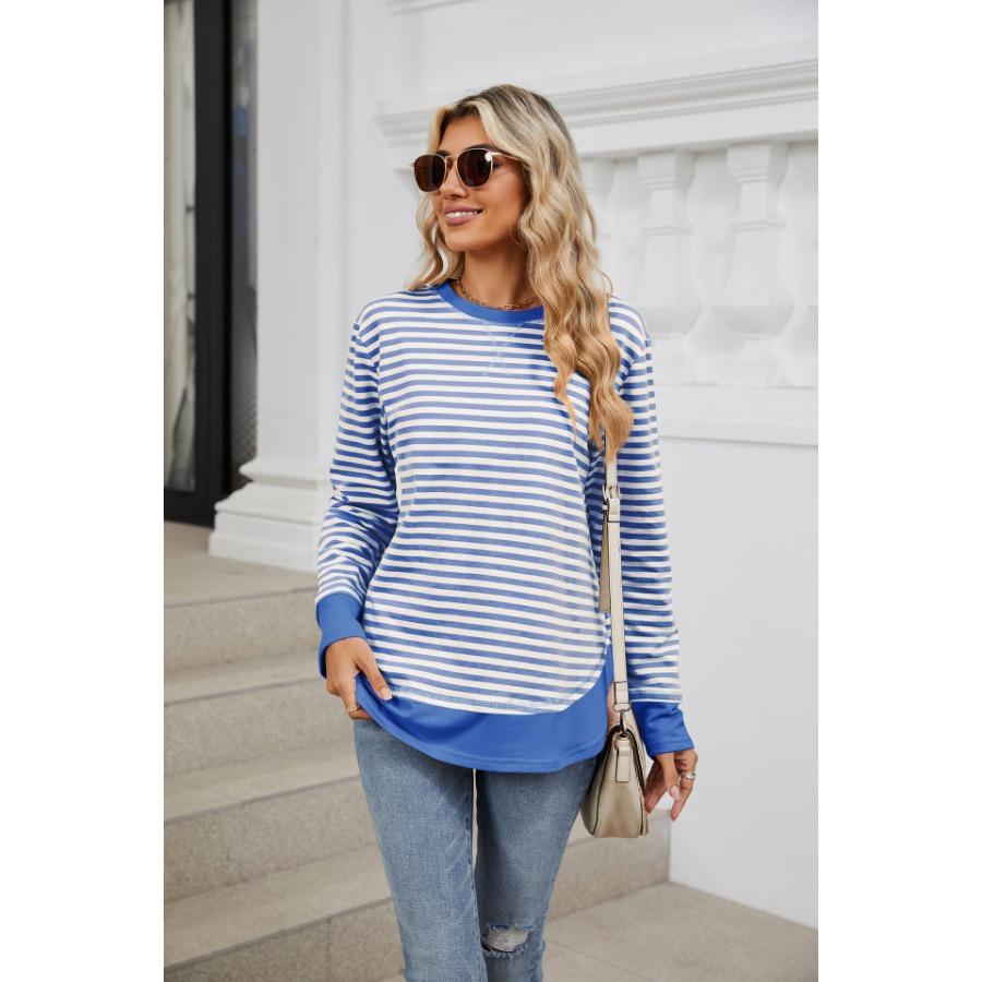 Осень-зима полосатые пуловеры модные женские контрастные круглые вырезы свободные длинные рукава толстовка с капюшоном топ для женщин