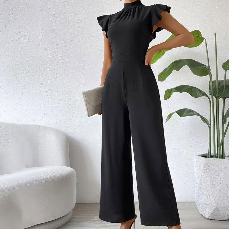 Women's Summer Standing Collar Ruffle Sleeveless Casual Long Jumpsuit