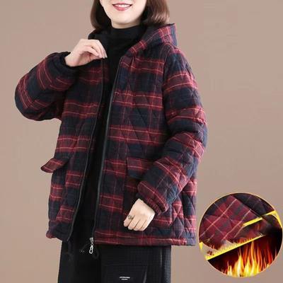 Ретро литература стеганые женские парки с капюшоном осень-зима клетчатые хлопковые куртки-стеганые повседневные свободные ветрозащитные пальто