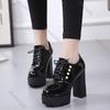 Fashion Spring and Autumn New High-heeled Single Shoes Fashion Solid Lace Up Patent Leather Pumps for Women Chunky Heeled Ladies Shoes